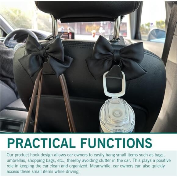 2PCS Black Bow Car Seat Headrest Hooks, Car Purse Hook for Car - Picture 6 of 7